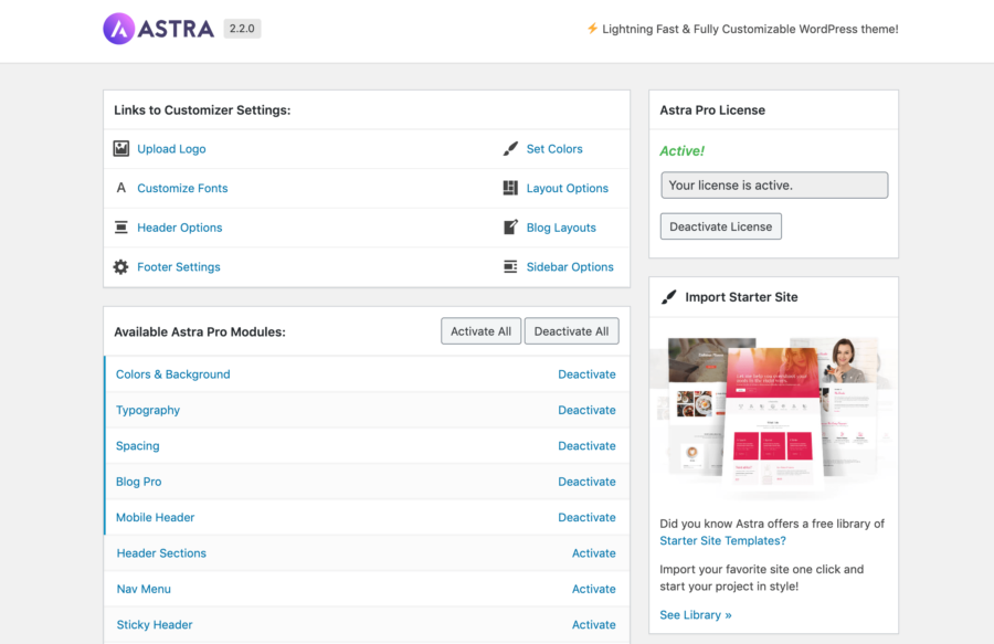 Divi vs Astra: Astra dash