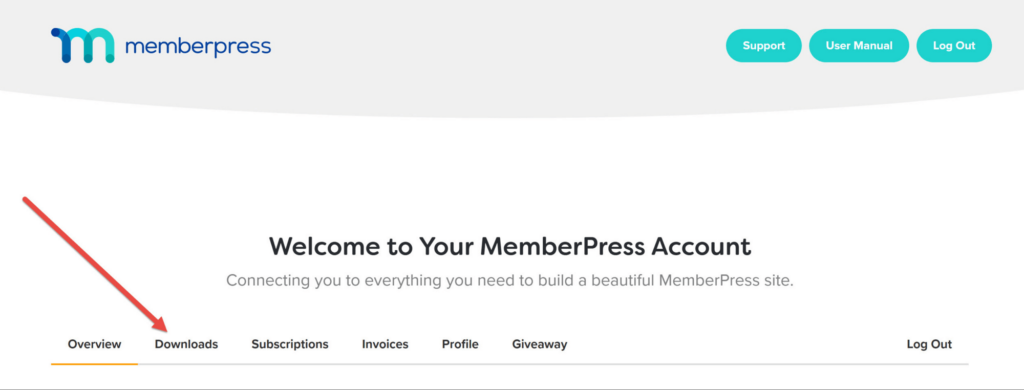 MemberPress dashboard with Downloads area highlighted