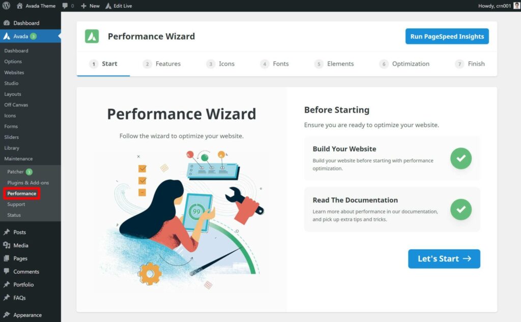 The Avada performance wizard