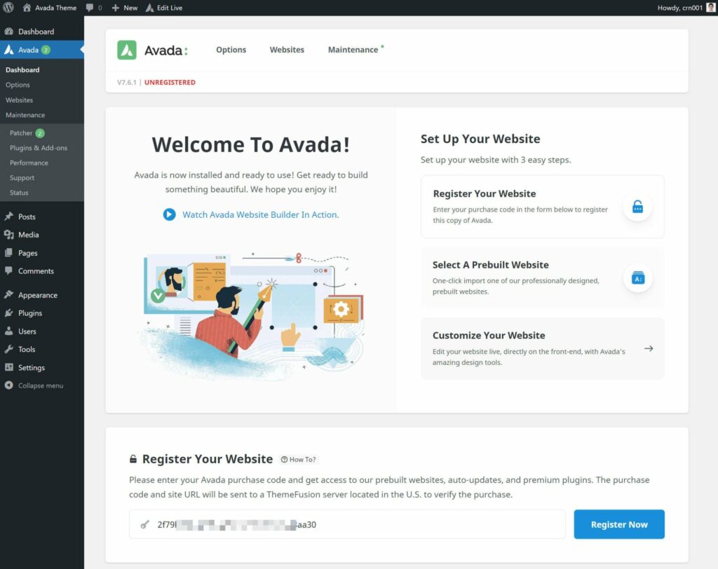 The Avada welcome screen