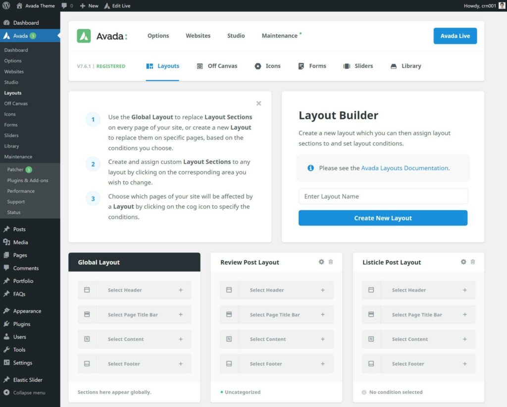 Avada Layouts interface for theme building