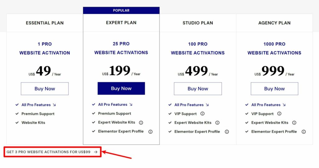 Elementor Pro pricing plans.